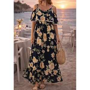 NWT Cupshe Womens Floral Flowy Maxi Dress Small Feminine Coastal Vacation Boho